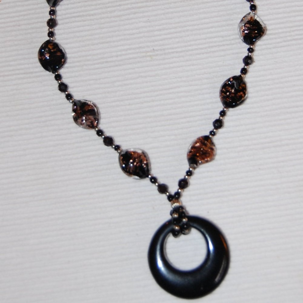 BLACK & GOLD Beaded Necklace With Black Circular Medallion